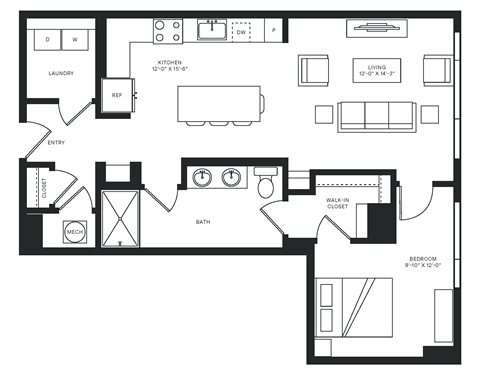 Floor plan for 1 bed, 1 bath, 890 sqft